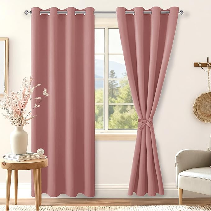 Hiasan Blackout Curtains for Bedroom, 52 x 84 Inches Long - Thermal Insulated & Energy Saving Window Curtains for Living Room, 2 Drape Panels Sewn with Tiebacks, Dusty Rose - Image 2