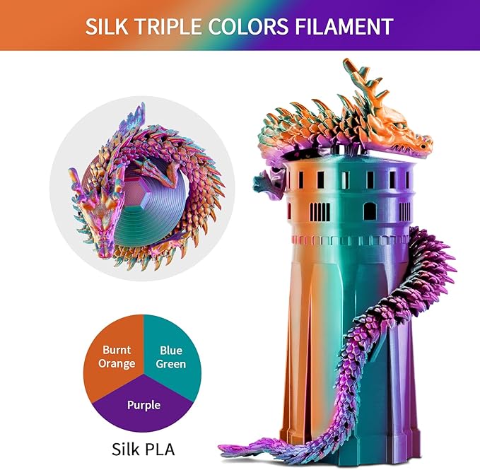 ERYONE Silk Tri Color PLA Filament 3D Printer 1.75mm +/- 0.03mm, Multicolor Filament Tricolor PLA 1KG(2.2lbs) Cardboard Spool, Purple&Blue Purple&Burnt Orange - Image 4