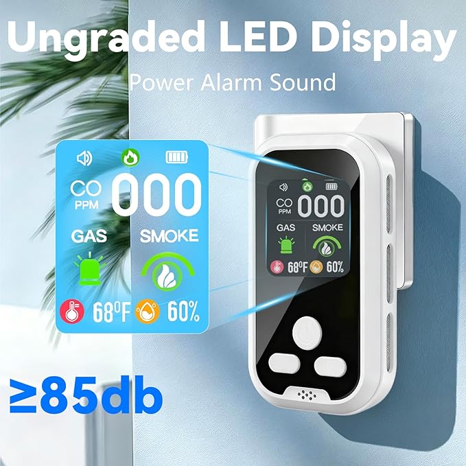 6-in-1 Carbon Monoxide Detector Combo with LCD Display, Detects CO, Natural Gas, Smoke, Temperature, Humidity for Home Hotel, Camping RV, Apartment Safety, White - Image 4