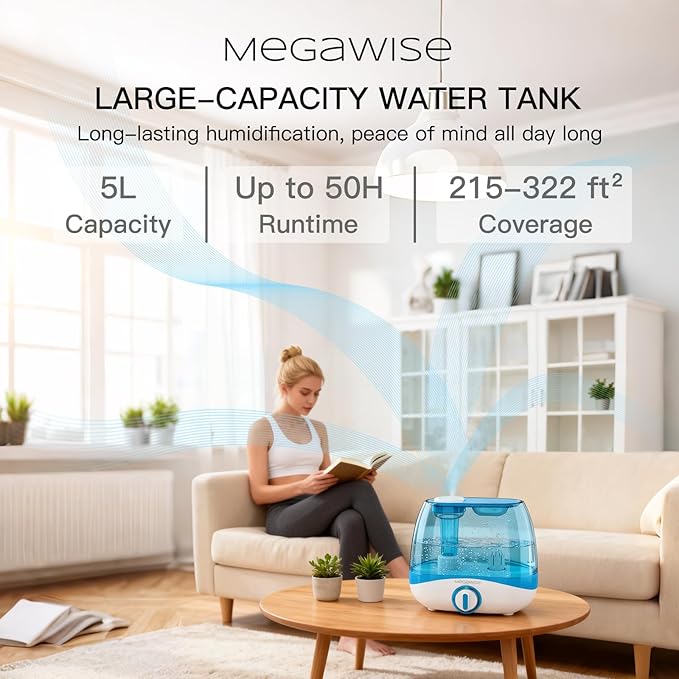 MegaWise Humidifiers for Bedroom Home, 5.0L Cool Mist Humidifier for Home Plant and Baby Nursery, Quiet Ultrasonic Humidifier with 360° Nozzle, Auto Shut-Off, Blue - Image 3
