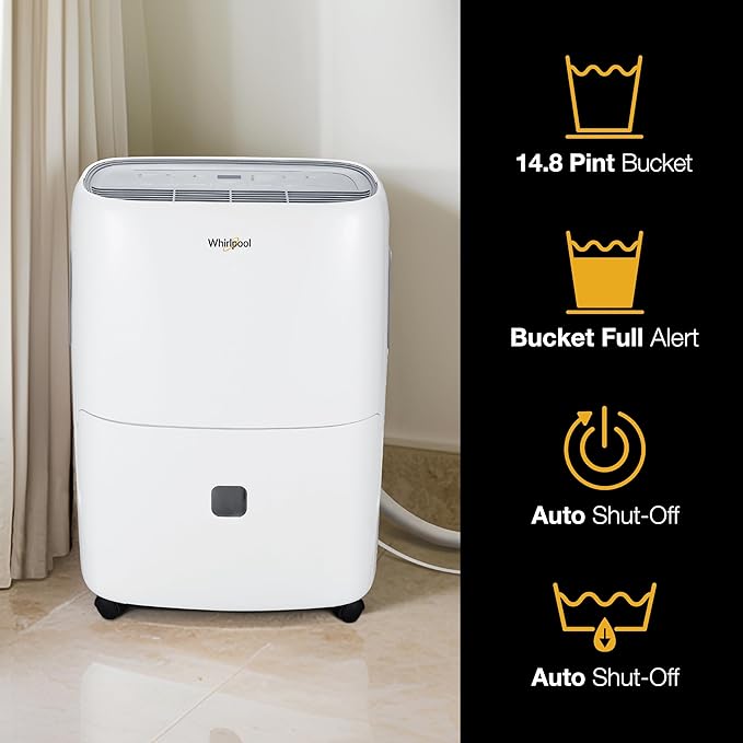 Whirlpool Energy Star 50-Pint Portable Dehumidifier with Built-in Pump, Auto-Shutoff and Timer, Home Dehumidifier and Moisture Absorber For Basement, Garage, Living Room in White - Image 5