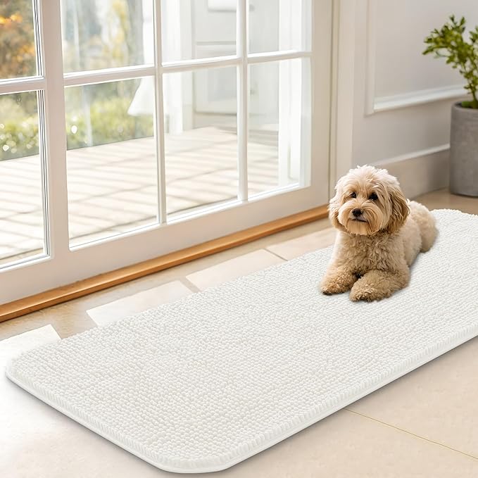 OLANLY Dog Door Mat for Muddy Paws 47x17, Absorbs Moisture and Dirt, Absorbent Non-Slip Washable Doormat, Quick Dry Chenille Mud Mat for Dogs, Entry Indoor Entryway Carpet for Inside Floor, Ivory by OLANLY