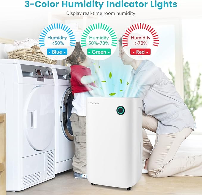 COSTWAY 73 Pint Dehumidifier for Basement, 4500 Sq. Ft Home Dehumidifier with 5 Modes, 3-Color Indicator Light, 1.7 Gallon Water Tank - Image 3
