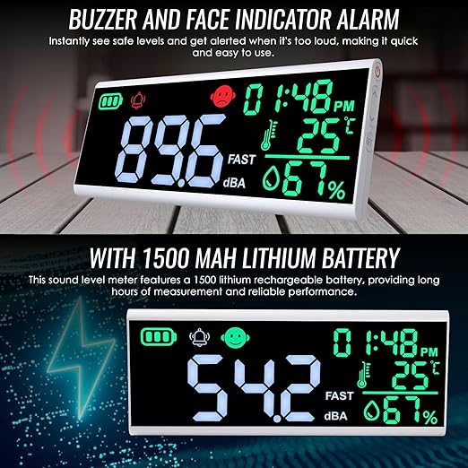 Decibel Meter 13 inches 30~130dB Sound Level Meter, Large LCD Display Wall Hanging Sound Gauge, Noise Level Detector, Decibel Monitoring Device, Time, Temperature, Humidity for Studio Classroom Home - Image 3