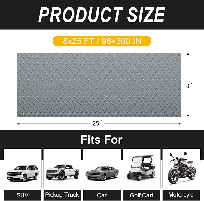 8x25 FT Garage Floor Mat, 2.8mm Thickened Flooring Roll for Under Car Diamond Plate PVC Rubber Mat with 20 Pcs Tapes, Non-Slip Floor Mat for Garage, Warehouse, Gyms, Trailer, Gray - Image 2
