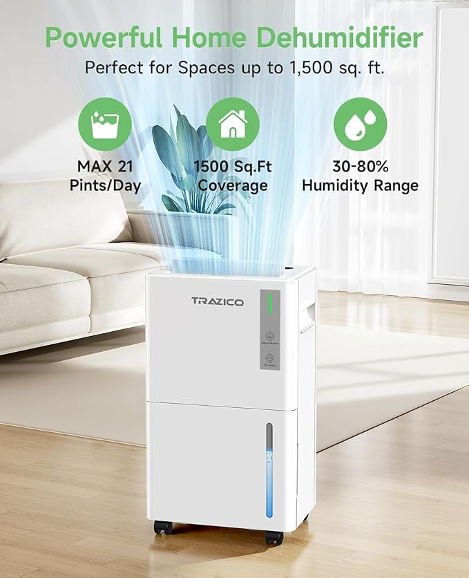 1500 Sq.ft Dehumidifier for Basement, Trazico 21 Pint Quiet Dehumidifiers for Home with Drain Hose, Smart Humidity Control, 3 Modes, 24H Timer, Auto Defrost, for Large Room, Bedroom, and Bathroom - Image 2