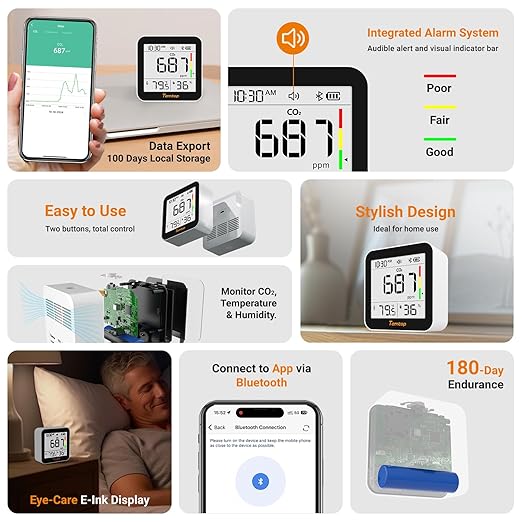Temtop CO2 Monitor Indoor Air Quality Monitor 3 in 1 CO2 Meter(Temperature, Humidity and CO2), 180 Days Standby Time - Image 2