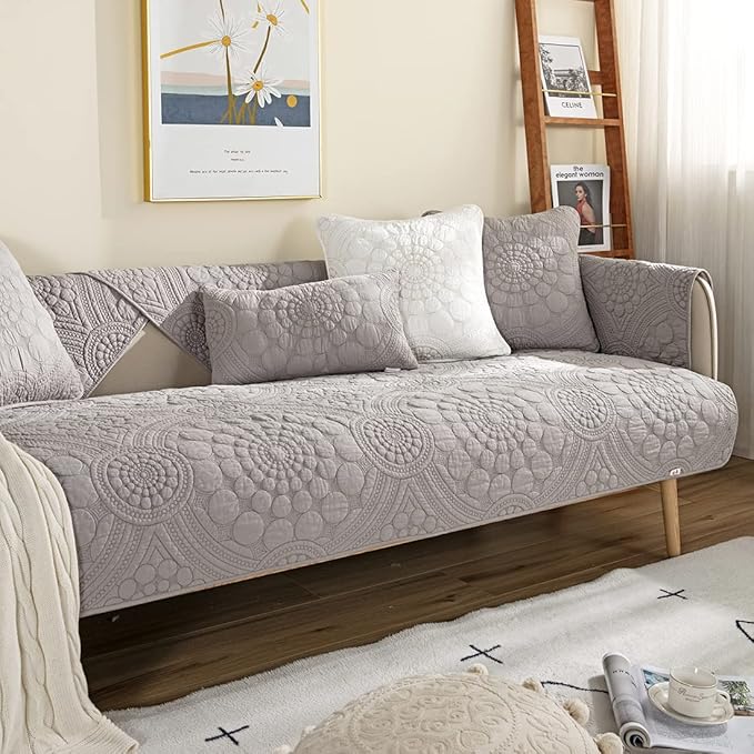 vctops Boho Circle Embroidery Couch Sofa Cover Solid Color Cotton Quilted Non-Slip Sectional Couch Covers Sofa Slipcover for Dogs, Children, Pets Furniture Protector (Grey,43"x63") - Image 3