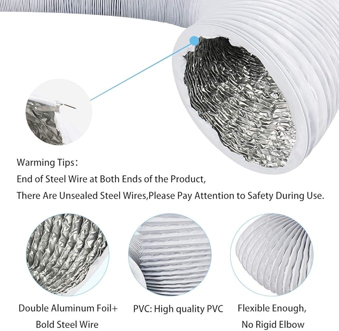 4Inch 10FT Long Flexible Aluminum Air Ducting, Heavy-Duty White 4 Layer Dryer Vent Hose, Dryer Duct for HVAC Ventilation,duct fan systems, 2 Stainless Steel Clamps Include - Image 3