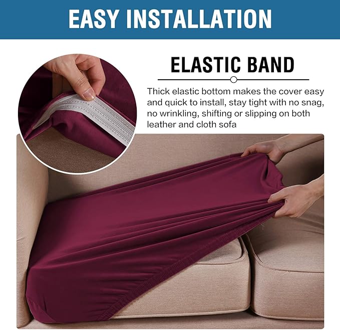 H.VERSAILTEX Velvet Stretch Couch Cushion Cover Plush Cushion Slipcover for Chair Loveseat Sofa Cushion Furniture Protector Seat Cushion Sofa Cover (2 Piece Medium Sofa Cushion Covers, Burgundy) - Image 4