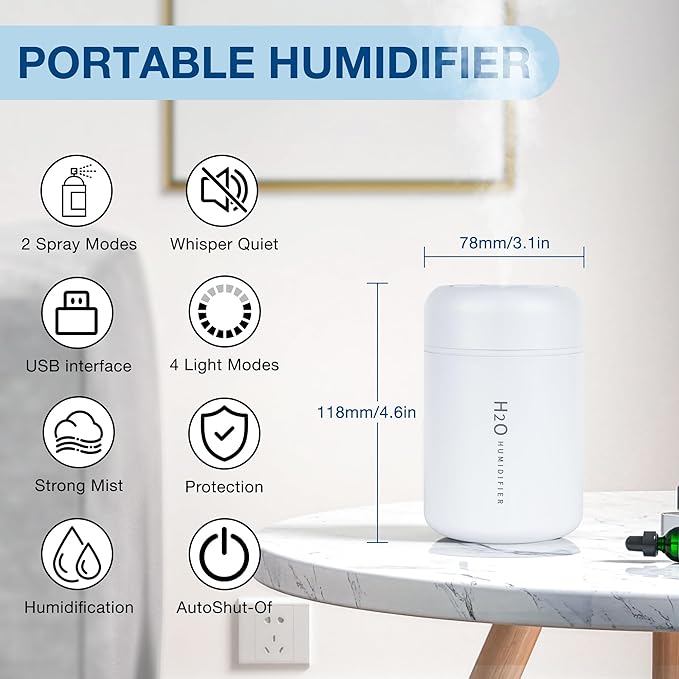 Portable Mini Humidifier, 300ml USB Cool Mist Small Humidifier with Colorful Lights. Perfect for Bedroom, Office, Plants, travel & Car (White) - Image 2