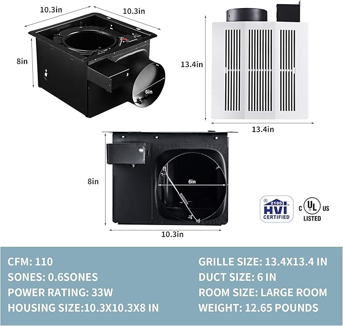 Tech Drive Bathroom Ventilation and Exhaust Fan with Humidity sensor,110CFM 0.8 Sones with 6inch Duct - Image 2