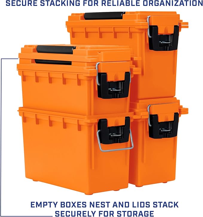 Sheffield 12630 Ammo Storage Box, Stackable .30 Cal Field Boxes, Water and Dust Resistant, Lockable Storage Box with Handle, Secures Hunting Gear, Supplies, and Bullets, Made in USA, Orange, 1-Pack - Image 6