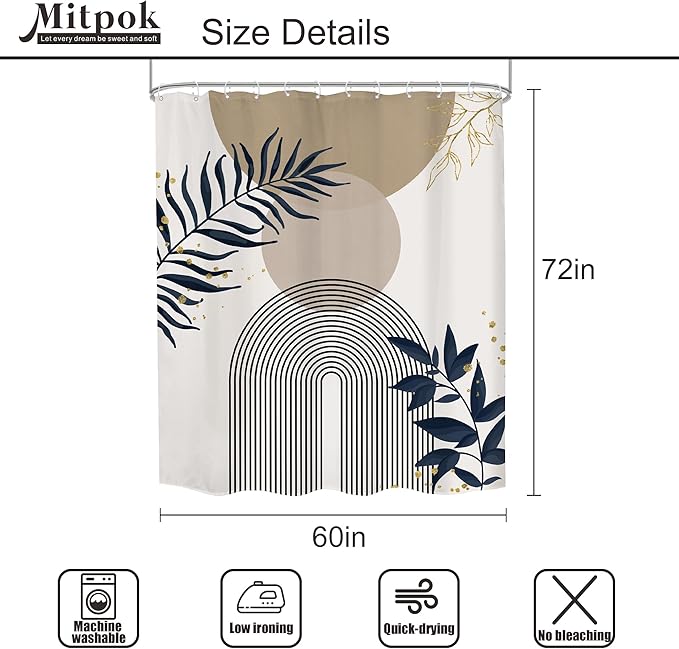 Boho Shower Curtain 60Wx72H Modern Mid Century Abstract Gold Leaves Bohemian Minimalist Geometric Arch Plant Botany Bathroom Decor Neutral Aesthetic Bath Curtain Fabric Polyester 12 Pack Hooks - Image 4