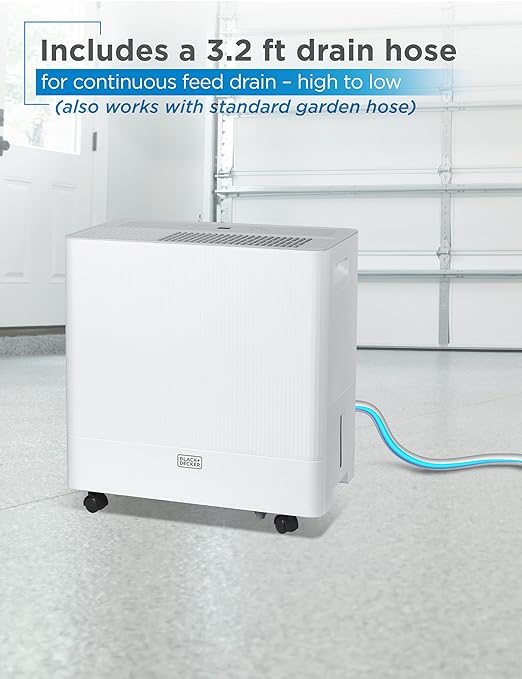 BLACK+DECKER 30-Pint Portable Dehumidifier, Dehumidifier for Home up to 3000 Sq. Ft. Coverage, For Basement and Medium to Large Spaces, Removable Bucket and Drain Hose Included, BD30MWSA, White - Image 6