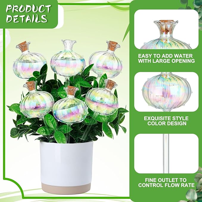Yungyan 6 Pcs Self Watering Plant Globes Glass Cactus Insert Watering Devices Automatic Plant Watering Bulbs Water Globes for Indoor Outdoor Plants(Rainbow Color,9.84 Inch) - Image 4