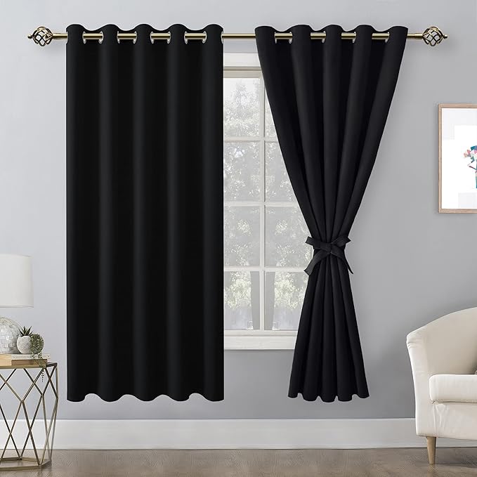 Hiasan Grommet Blackout Curtains for Bedroom, 60 x 72 Inches - Thermal Insulated & Noise reducing Window Drapes for Living Room/Dorm Room, Set of 2 Panels Sewn with Tiebacks, Black - Image 2