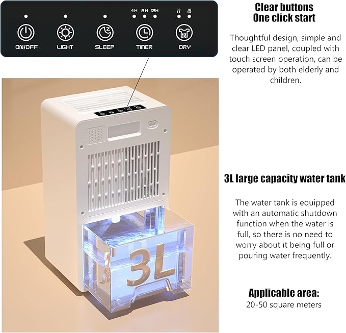 Generic YeeCopon Dehumidifier for Home, 85 OZ Water Tank, Quiet Dehumidifiers for Bathroom, Bedroom, RV and kitchen countertops, with Auto Shut Off and Fast Drying Clothes, 7 Colors LED Light, Black - Image 5