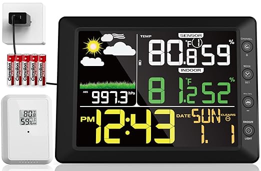 DOOMAY Indoor Outdoor Wireless Weather Station | Digital Thermometer Hygrometer Monitor with Barometric Pressure, Weather Forecast, Alarm Clock & Temp/Humidity Calibration by DOOMAY