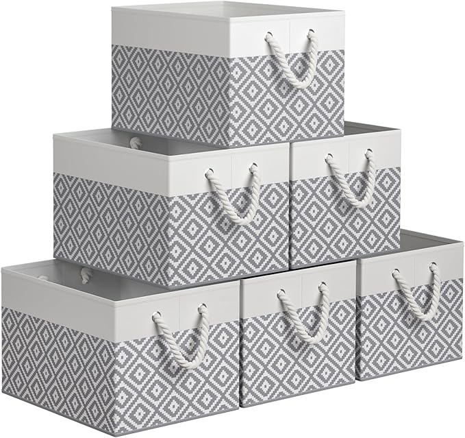 Storage Bins, 6-Pack Large Storage Box with Rope Handles, Collapsible Storage Basket for Organizing Books,Clothes,Rhombic Grey by StorageTastic