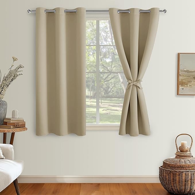 Hiasan Short Blackout Curtains for Bedroom - Thermal Insulated & Light Blocking Window Curtains for Living Room, 2 Drape Panels Sewn with Tiebacks, Taupe, 38 x 45 Inch by Hiasan