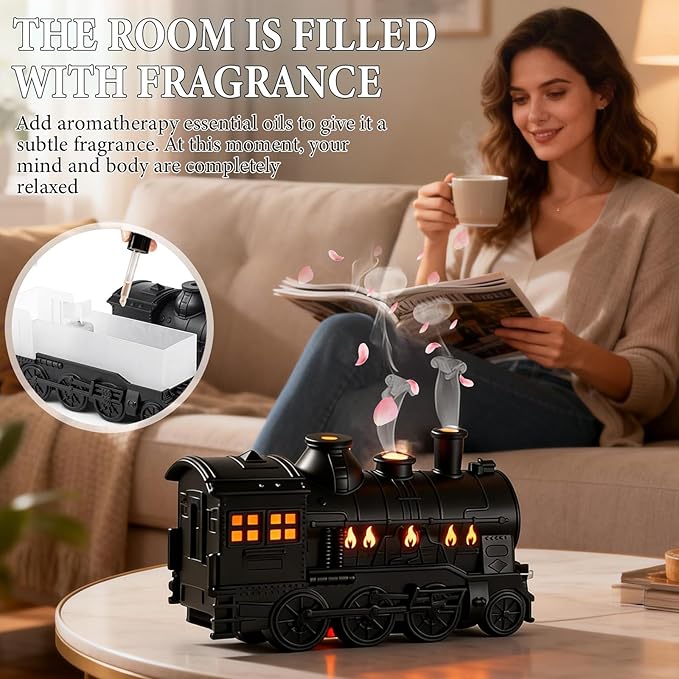 Train Diffuser 300ML Essential Oil Diffuser Cool Mist Humidifier Aroma Diffuser,2 Color Light 2 Mist Modes,3-in-1 Vintage Steam Train Diffuser Humidifier with Remote Control,Home Decor & Gift (Black) - Image 4