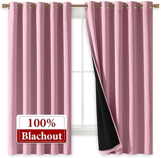 NICETOWN 100% Blackout Curtains with Black Liners, Thermal Insulated Full Blackout 2-Layer Lined Drapes, Energy Efficiency Window Draperies for Bedroom (Crystal Pink, 2 Panels, 70-inch W by 63-inch L) - Image 2
