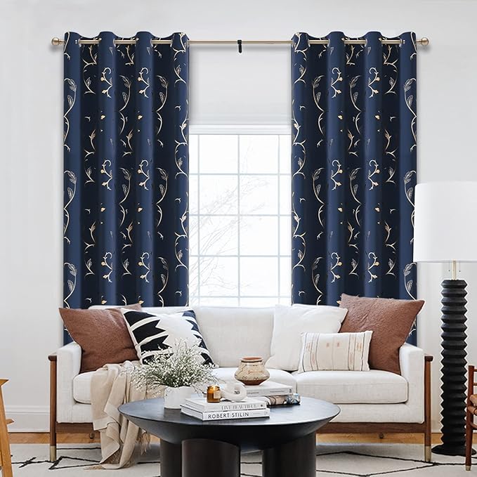 BUHUA Blackout Curtains Gold Foil Print Flower Vine Grommet Drapes, Room Darkening Thermal Insulated Curtains for Bedroom, Navy Blue, 52Wx45L, 2 Panels - Image 6
