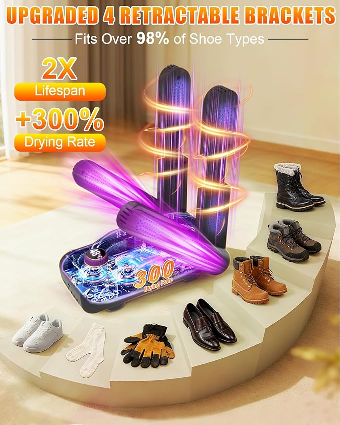5.0 Upgraded Boot Shoe Dryer【500W German Super Motor】【Dual-Tech 118°F Constant Temp & 360° Circulating Hot Air】4 Adjustable Brackets, U-V Deep Cleaning, Fast Drying for Boot Sneaker Glove Sock (Gray) - Image 6