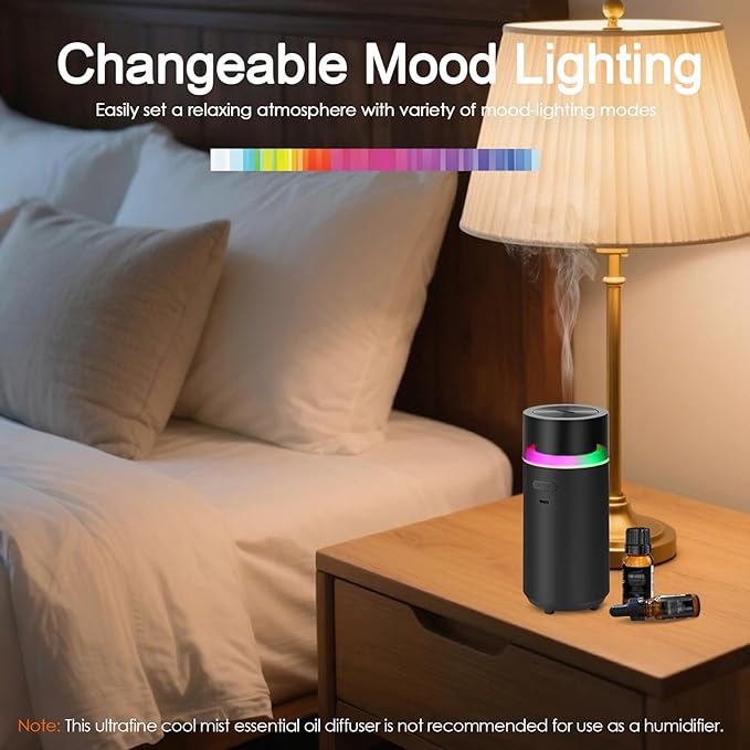 HODEMI Portable Smart Car Essential Oil Diffuser,Cordless Mini Cold Mist Aromatherapy Air Freshener Diffuser with Mode Memory,Auto On/Off,4/8 Timer Modes,for Bedroom Office and Travel (Black) - Image 6