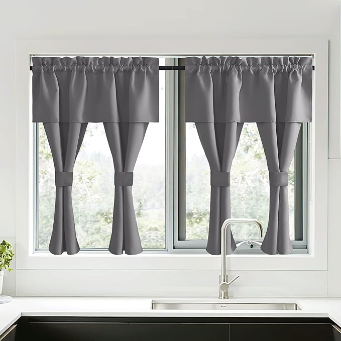 NICETOWN Short Curtains with Attached Valance for Small Window, Thermal Insulated Rod Pocket Room Darkening Curtains for Living Room, 52" Wide x 45" Long, 2 Panels, Grey by NICETOWN