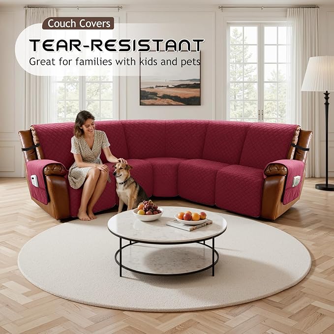 Arfntevss Waterproof Recliner Sectional Couch Covers for Reclining Sectional L Shape Sofa Cover Non Slip Washable Recliner L Shaped Slipcover Dog Additional Seat Protector (1 Seat Cover, Wine Red) - Image 7