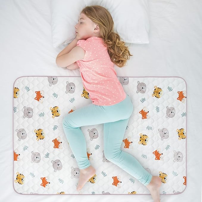 Organic Incontinence Pads for Kids & Toddlers - 5 Layer Waterproof Protectors for Overnight Bed Wetting - Reusable & Washable Pee Pads - Fits Twin to Full Size Beds - 34" x 52" Tiger Bear Fox by Wovenx