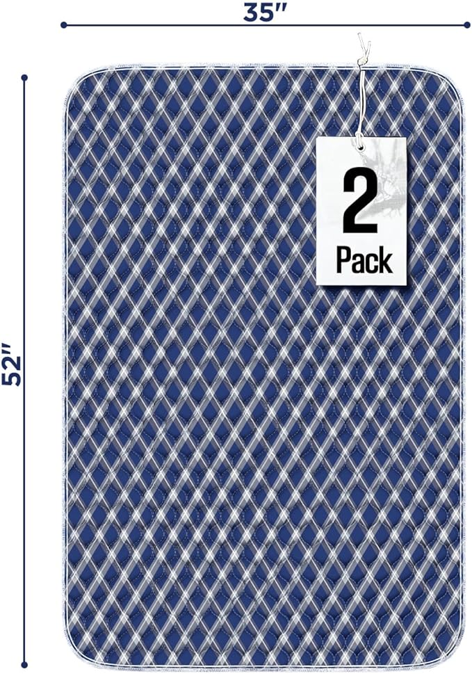 Non-Slip Bed Pads for Incontinence Washable (36" x 52"|2 Pack), Waterproof Bed Pads, Navy Blue Grid, Bed Wetting Pads for Bed, Sofa, Floor, Resuable Underpads for Adults, Seniors, Pet - Image 2