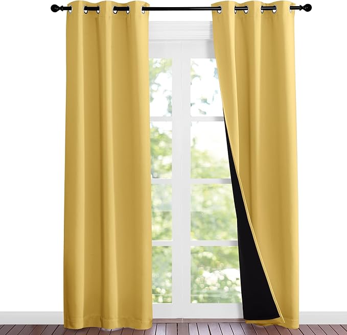 NICETOWN Bright Yellow Full Shade Curtain Panels, 37" Wide x 80" Long, Pair of Thermal Insulated & Energy Efficiency Blackout Curtains for Living Room Windows, Lined Silky Performance Window Dressing by NICETOWN