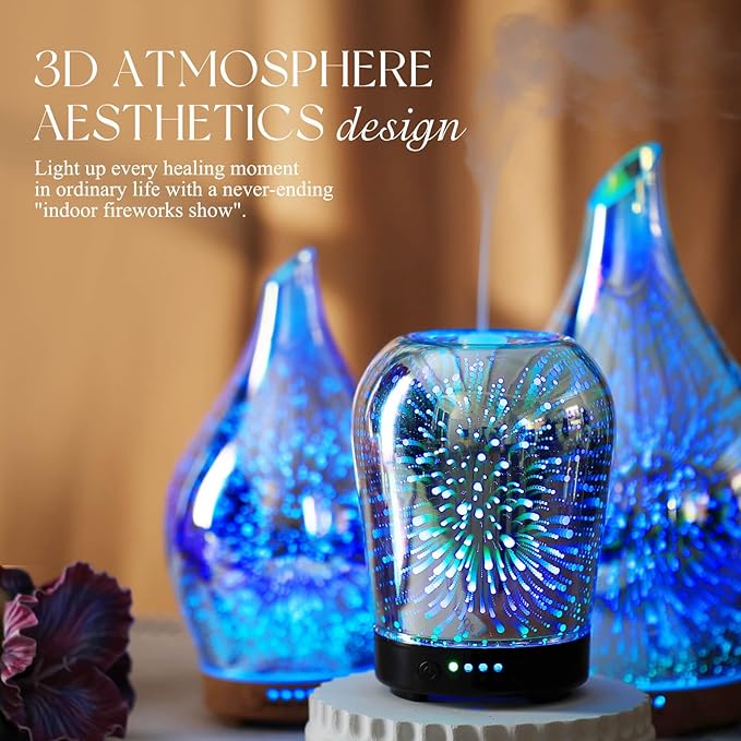 Porseme Essential Oil Diffuser, Aromatherapy Ultrasonic Cool Mist Humidifier, 3D Effect Glass, Auto Shut-Off, Timer Setting,100ml Aroma Decoration for Home, Office, Gym, Spa, Premium Gift - Image 7