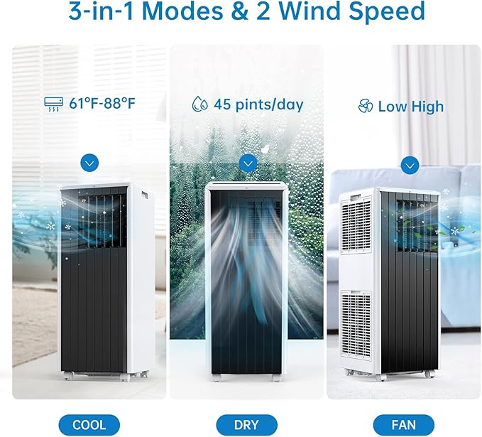 8000 BTU Portable Air Conditioner, 3 in 1 AC Unit Built-In Cool, Dehumidifier & Fan for Rooms Up to 350 Sq.Ft, Energy Saving AC with Remote/24H Timer for Dorms/Indoor Rooms, White and Black - Image 3