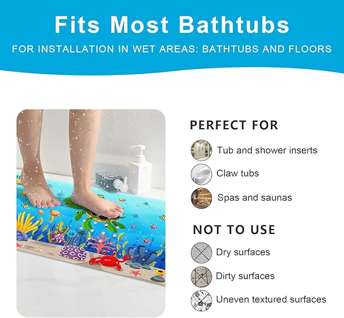 XIYUNTE Baby Bath Mat for Tub Non Slip Kids Bath Mat - 40''x16'' Extra Long Cartoon Bathtub Mat Non Slip Kids Shower Mat Eco-Friendly Toddler Bath Mats with Suction Cups, Machine Washable, Sea Turtle - Image 6