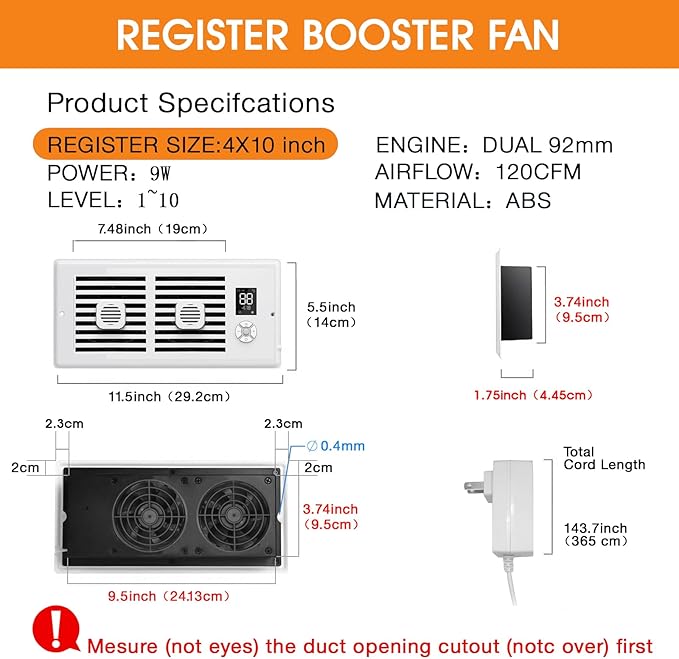 Register Booster Fan,10-Speed Smart Thermostat AC Vent Fan with Timer Setting and Aroma Function, Air Vents Fans & Heating for Wal (White, 4" x 10") - Image 4