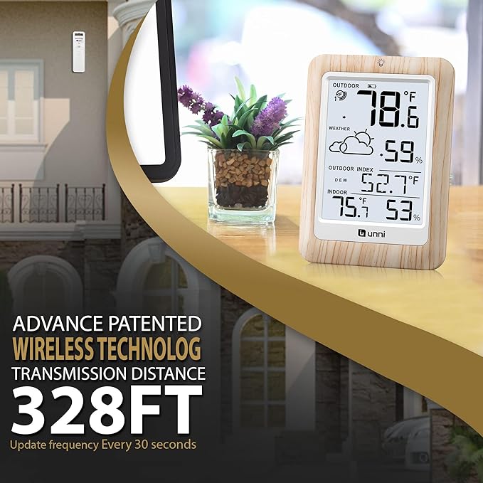 Indoor Outdoor Thermometer Wireless Weather Station, Temperature Humidity Monitor Battery Powered Inside Outside Thermometers with 330ft Range Remote Sensor and Backlight Display（Wood） - Image 4