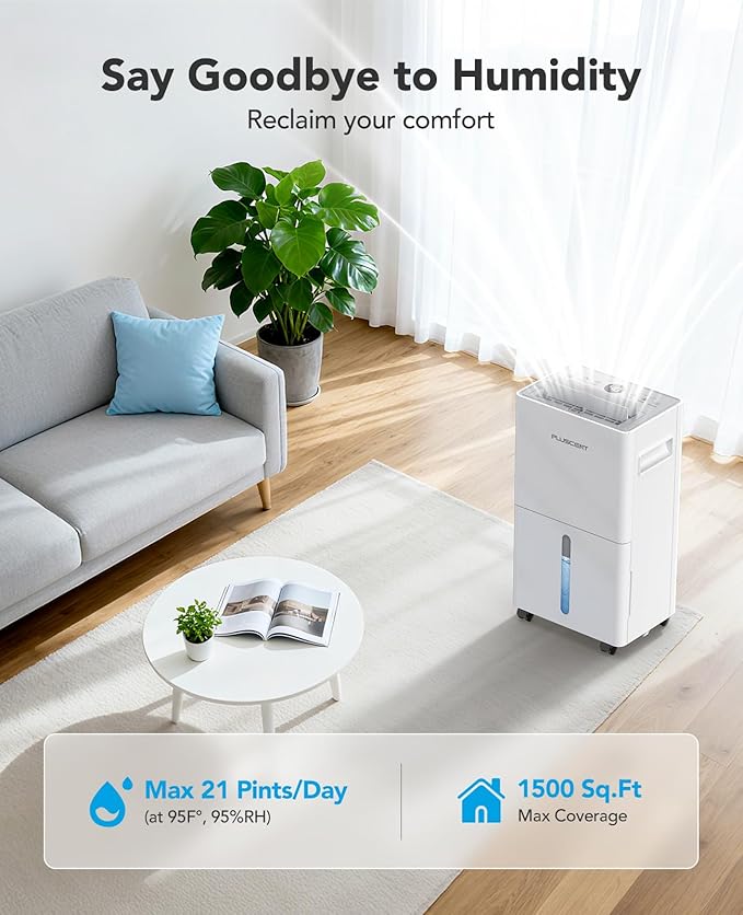 1,500 Sq. Ft Dehumidifier for Basement, 21 Pints Dehumidifiers for Home with Drain Hose, Quiet Operation, Smart Humidity Control, Auto Defrost, 24H Timer, Portable for Bedroom, RV, Bathroom - Image 2