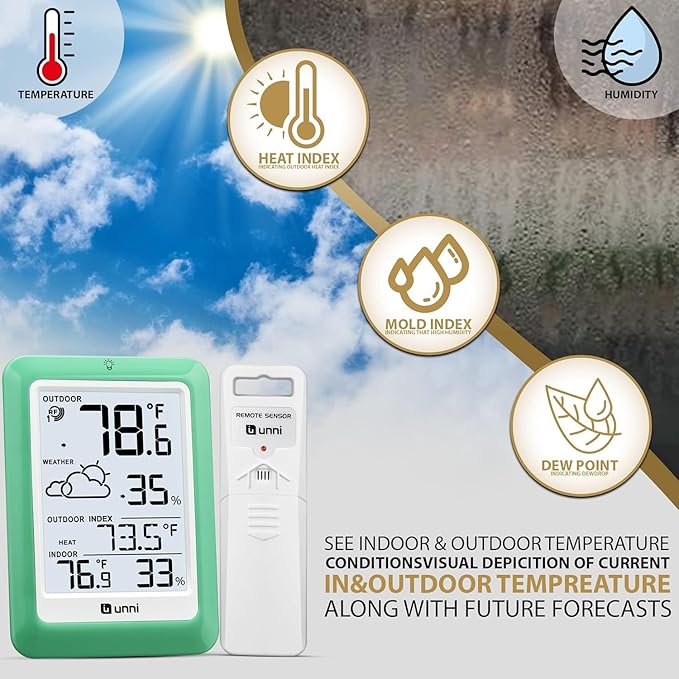 Indoor Outdoor Thermometer Wireless, Temperature Humidity Monitor Battery Powered Inside Outside Thermometers with 330ft Range Remote Sensor(Green) - Image 3