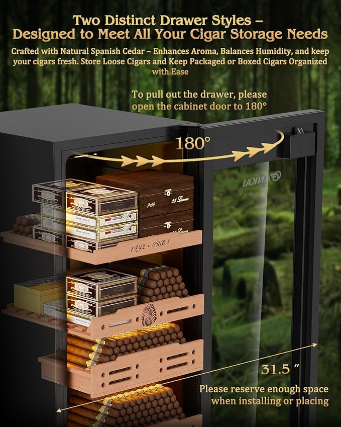 Electric Cigar Humidor, 105L Cabinet up to 900 Cigars with Thermostatic & Humidistatic Control, 4 Cedar Wood Trays, LED Screen Fingerprint Safety Lock for Lounge/Home Use Cooling Fridge - Image 6