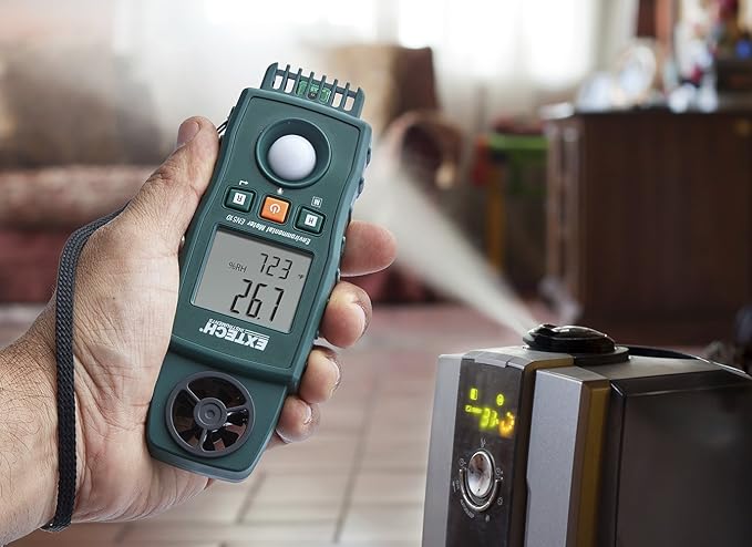 Extech EN510 10-in-1 Environmental Meter - Measures Air Velocity, Light, Sound, Temperature, Humidity, Dew Point, Wet Bulb, Heat Index, Wind Chill, Portable Multi-Function Tester with Backlit LCD - Image 8