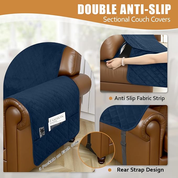 Arfntevss Waterproof Sectional Couch Covers L Shape Washable Velvet Sofa Cover for Sectional Non Slip Large Corner Slipcovers Dog 6 Pcs Universal U Shaped Furniture Protector (Dark Blue, XX-Large) - Image 4