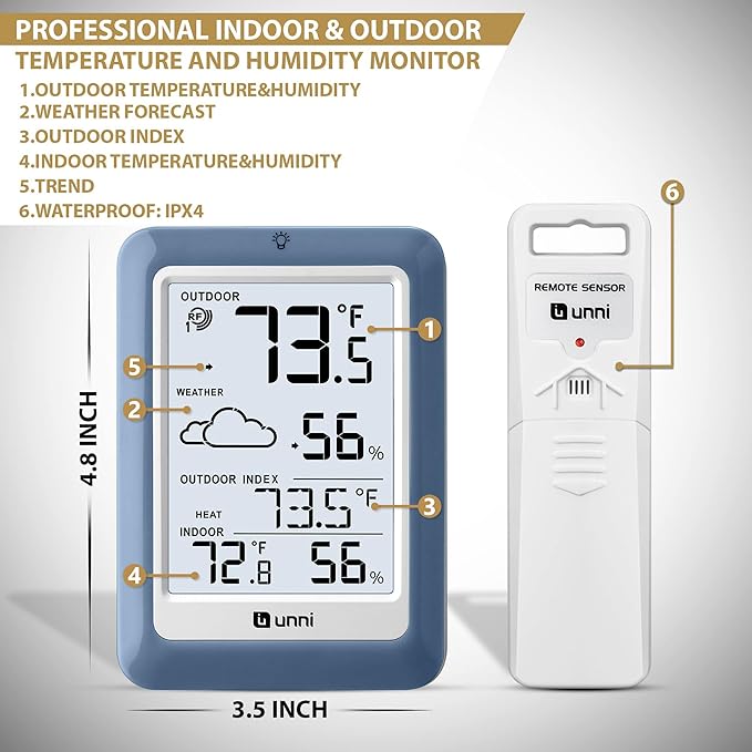 Indoor Outdoor Thermometer Hygrometer Wireless Weather Station, Temperature Humidity Monitor Battery Powered Inside Outside Thermometers with 330ft Range Remote Sensor(Blue) - Image 6