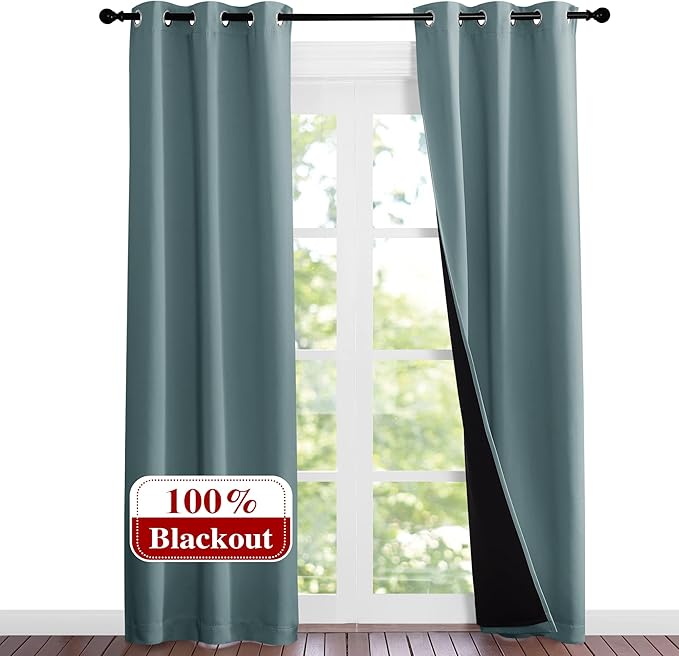 NICETOWN Greyish Blue Blackout Curtains 84 inches Long, Full Light Blocking Drapes with Black Liner for Nursery, Noise Reducing Thermal Insulated Draperies for Doorway (2 Pieces, 37" Wide Each Panel) by NICETOWN