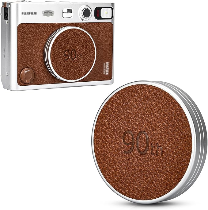 Retro Leather Lens Cap for Fujifilm Instax Mini EVO, Brown Aluminum Anti-Dust Anti-Scratches Lightweight Camera Lens Cover with Soft EVA Interior, Accessories for Fuji Mini Evo Lens Protection Cover by JJC