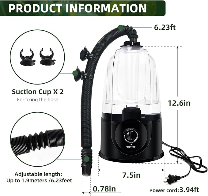 Coospider 3.8L Reptile Fogger Mister, Quiet Reptile Humidifier for Reptiles Tank, Terrarium Humidifiers with Extended Tube, Automatic Reptile Misting System for Reptiles Amphibians Herps Vivarium - Image 7
