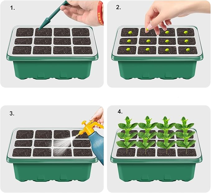 NBPLUS Seed Starter Tray with Grow Light, 5 Pack 60 Cells Seed Starter kit with Humidity Dome and Base, Plant Seedling Trays Indoor Greenhouse Gardening (Green 5 Pack) - Image 7